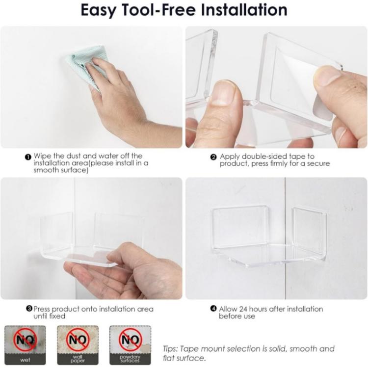 Tool-free installation of clear triangular corner shelf using double-sided tape