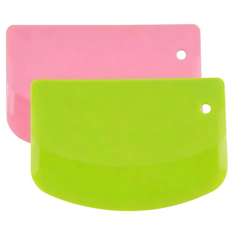 Plastic dough scraper with curved lime green blade and round hole