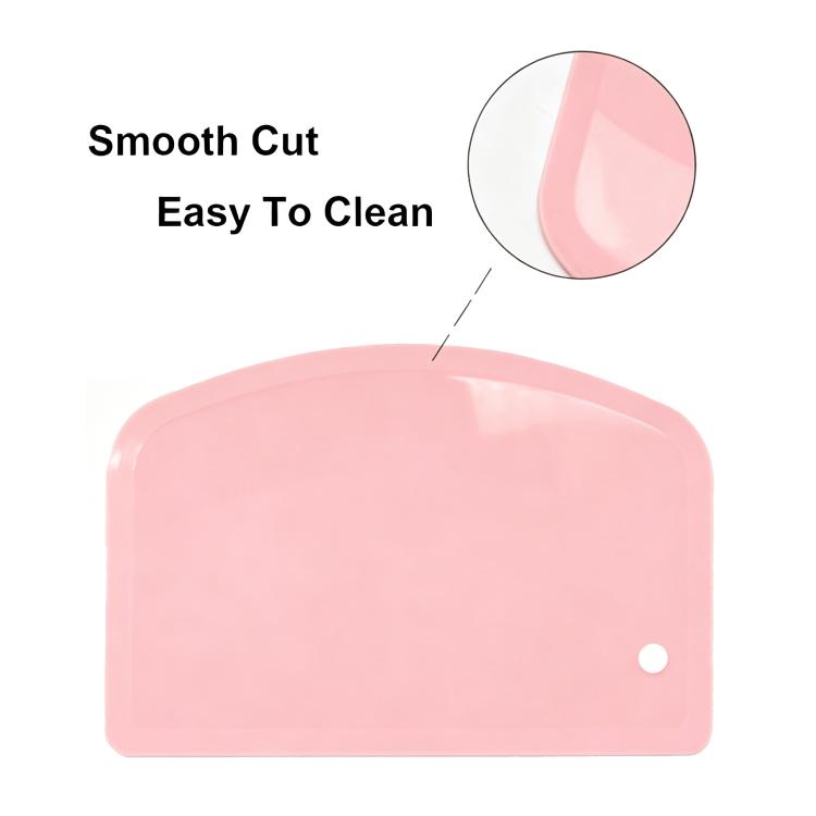 Plastic dough scraper with pink curved blade and round hanging hole