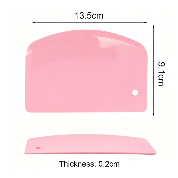 Pink plastic dough scraper size dimensions, curved blade with hanging hole