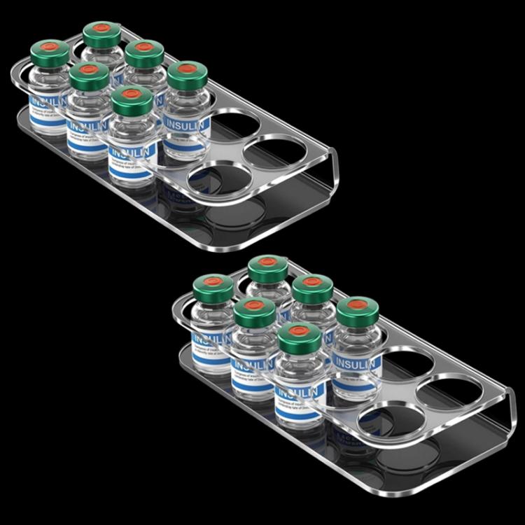 Two transparent acrylic 10-hole insulin bottle organizer trays, each with 10 bottles