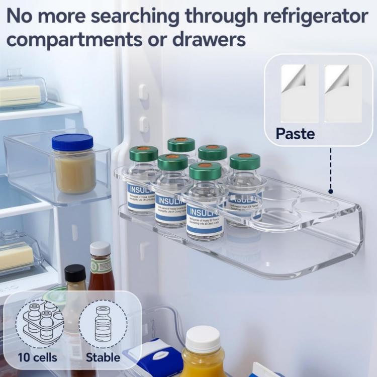 Transparent acrylic 10-hole insulin bottle organizer tray with upright insulin bottles