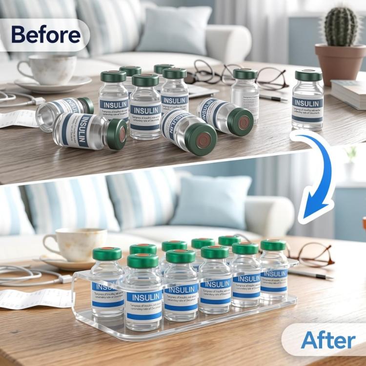 Transparent acrylic 10-hole insulin bottle organizer tray with bottles on a table