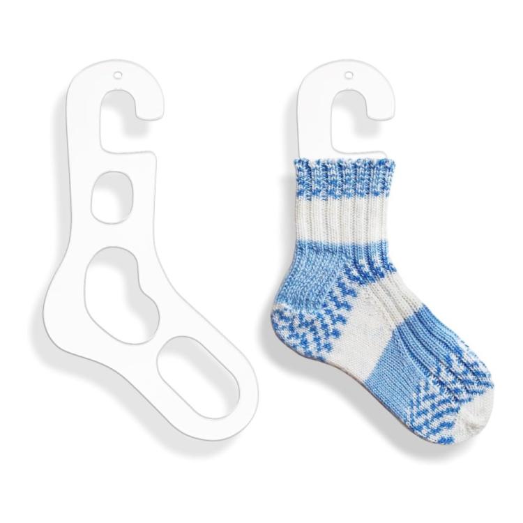 Acrylic sock storage rack holder with a blue and white knitted sock in a slot