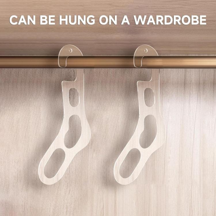 Two clear acrylic sock storage rack holders hanging from a closet rod