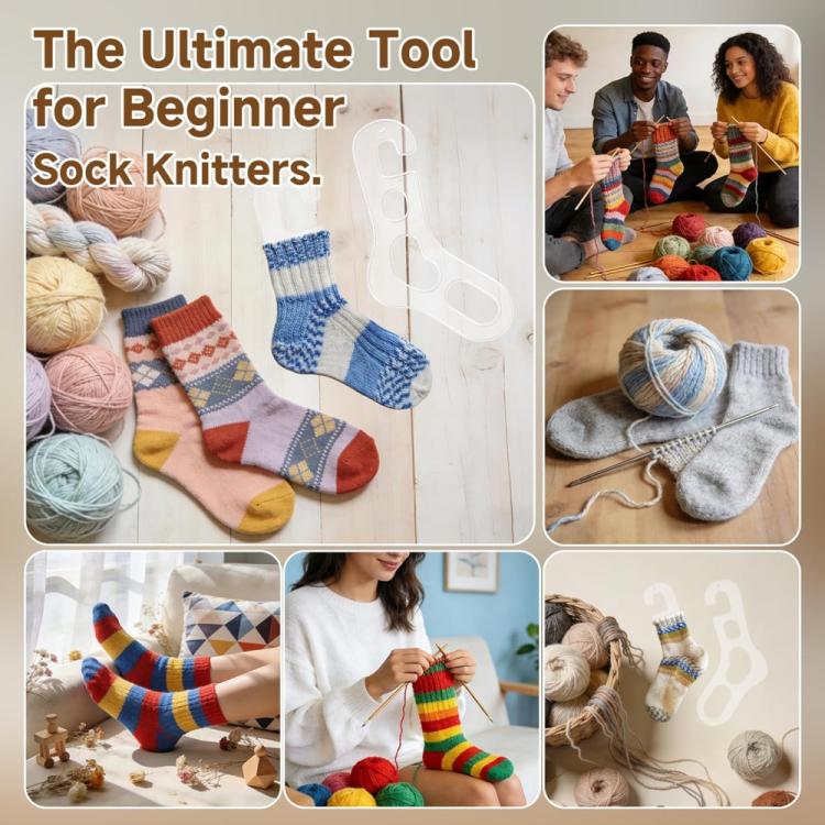 Acrylic sock storage rack for sock knitting, shown with yarn and knitted socks