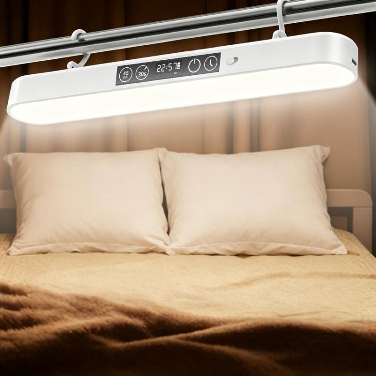 White under-cabinet LED lamp with touchscreen clock panel and hanging hook mount