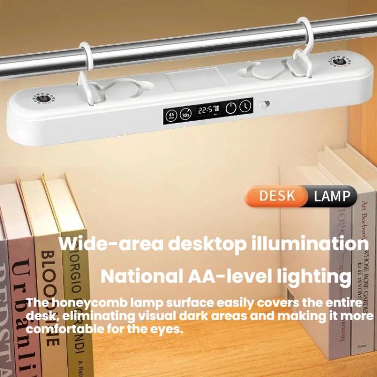 White under-cabinet LED light bar with hanging hooks and touchscreen clock panel