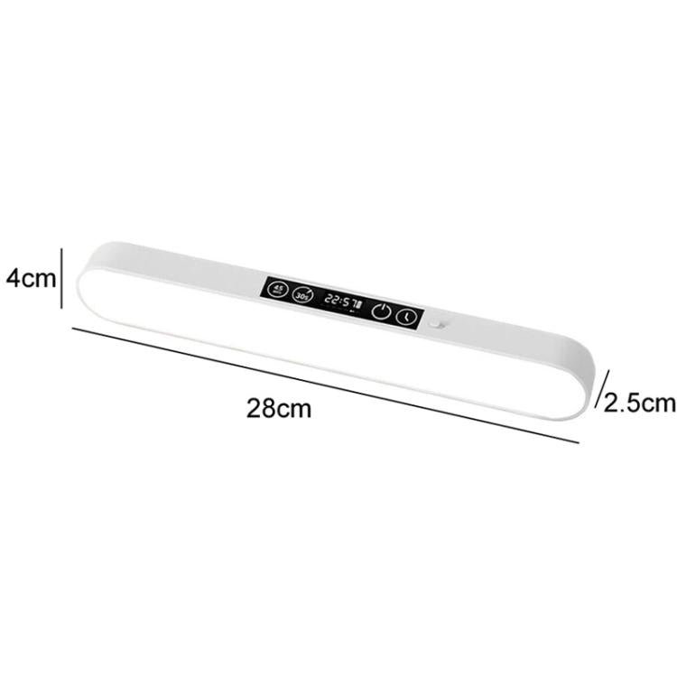 Compact white under-cabinet LED lamp with shown dimensions, 28 cm length