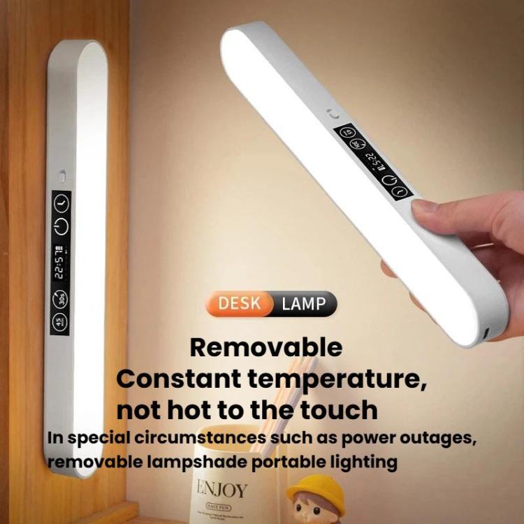 White cordless-style desk lamp light bar with touchscreen controls and hook mount