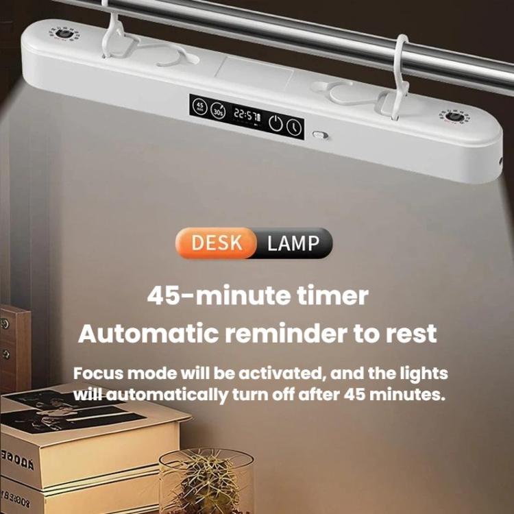 White under-cabinet LED lamp with hanging hooks, clock display, and timer controls