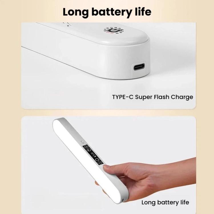White under-cabinet LED lamp with USB-C charging port and handheld brightness control