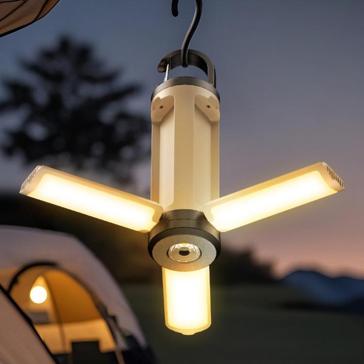 Foldable LED camping light with hanging hook, beige and black four-arm design