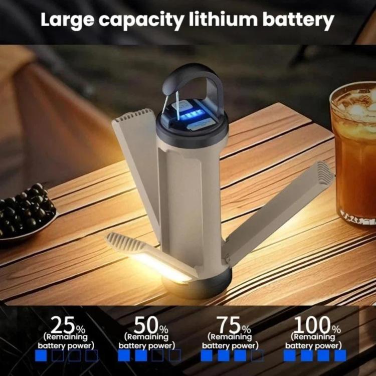 Beige and black foldable LED camping light with hook, showing battery level bars