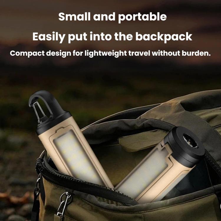Compact portable LED camping light, beige body with black handle and hook