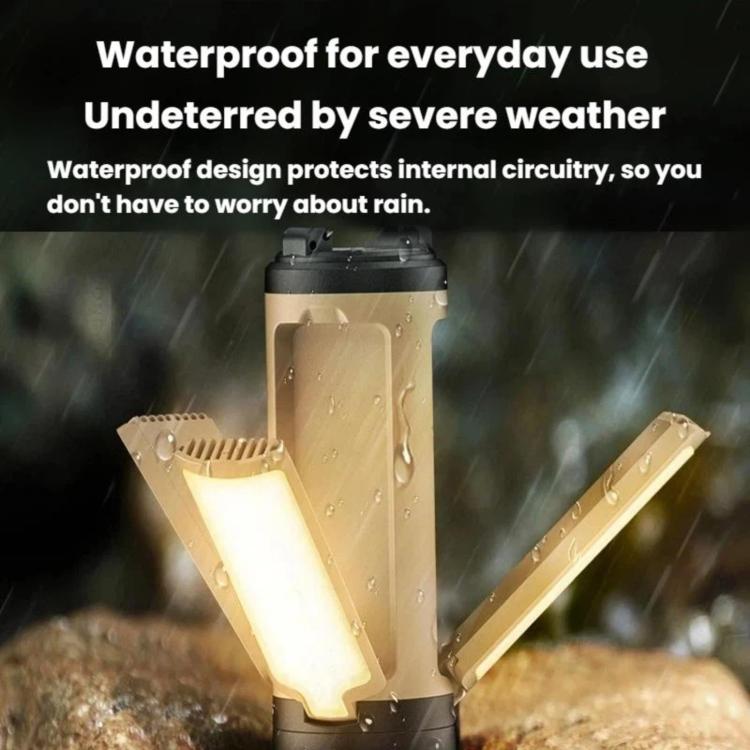 Beige and black foldable LED camping light, shown in wet outdoor conditions
