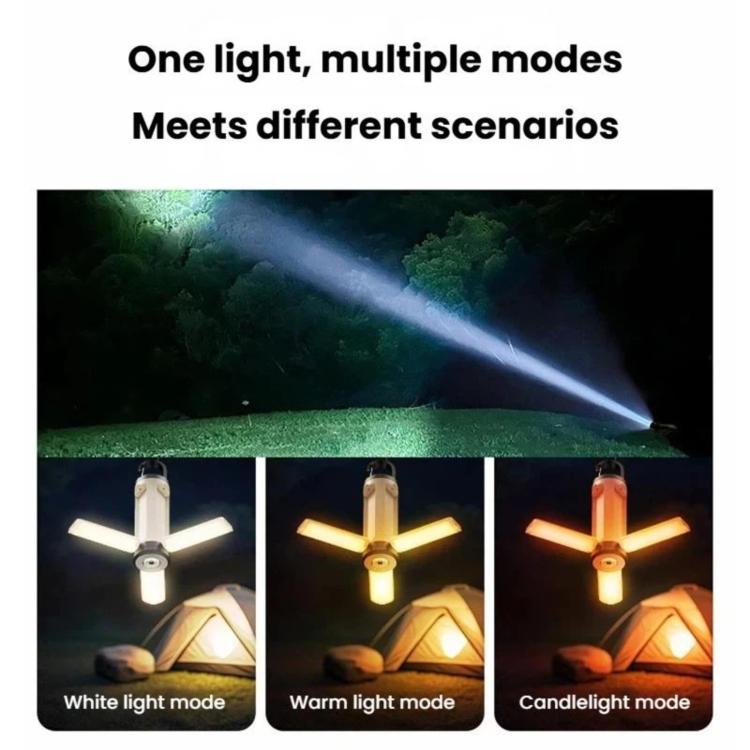 Foldable LED camping light with multiple color modes, beige and black body