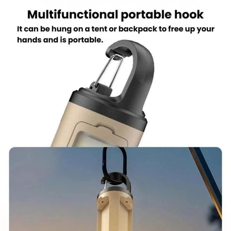 Portable camping hook light with black handle and beige lantern body