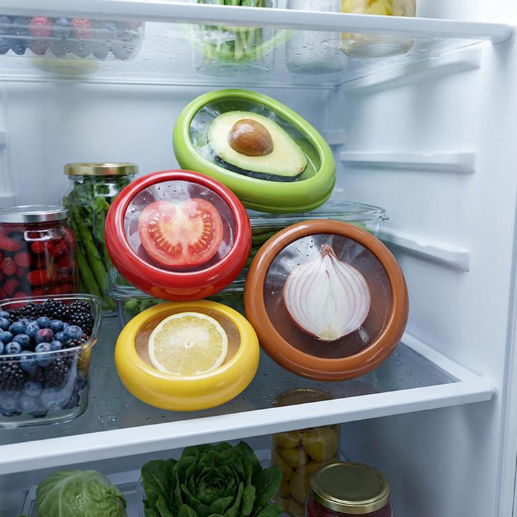 Fruit storage container set with silicone seals inside a mini fridge