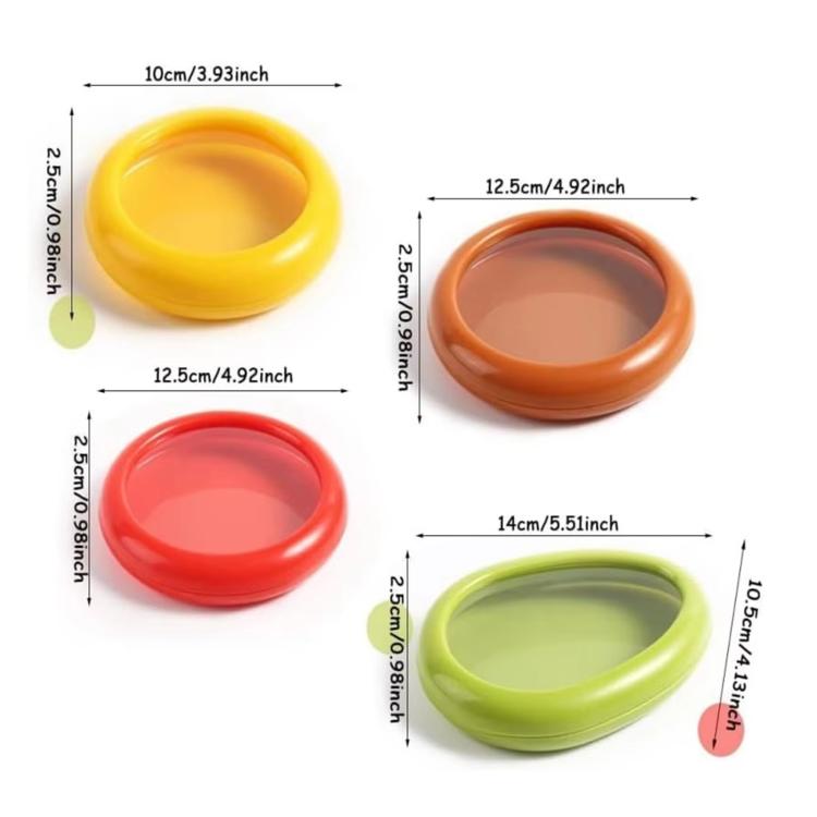 Silicone film seal fruit containers with size guide in yellow, red, green, orange