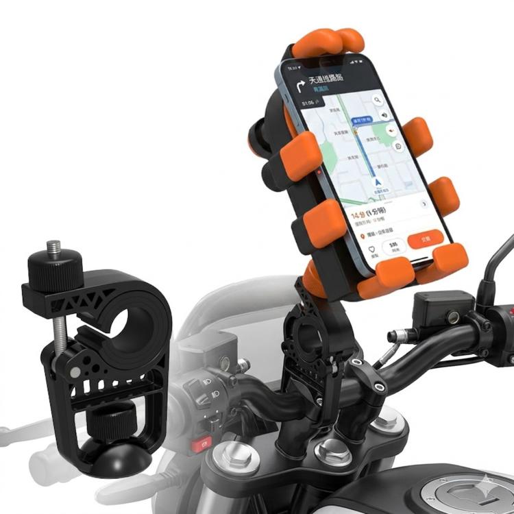 Black motorcycle phone mount with orange clamp arms holding a smartphone