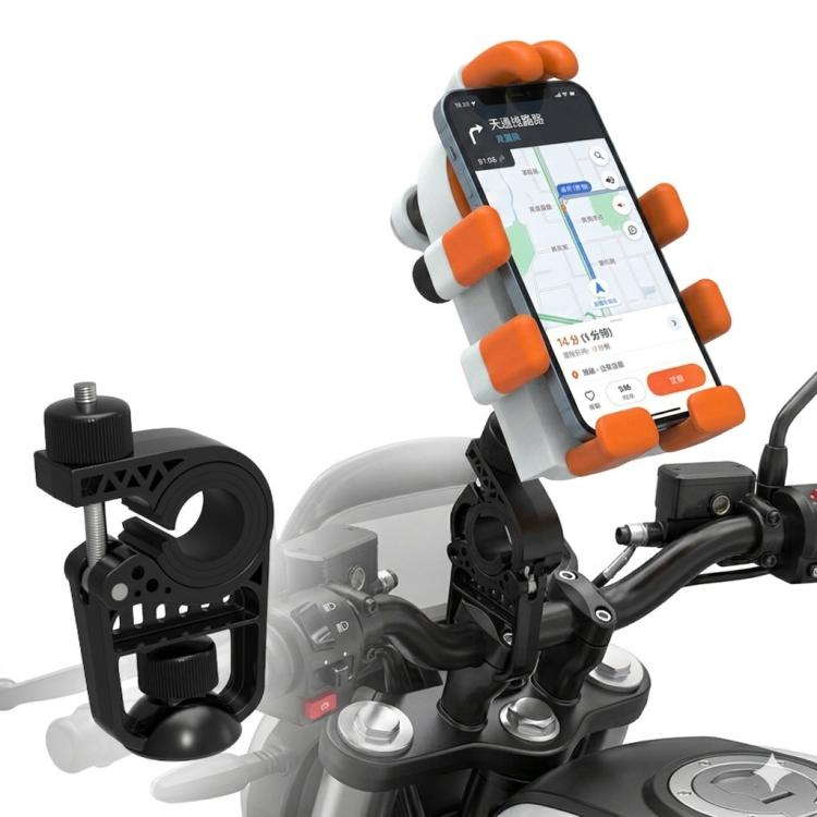 White motorcycle phone mount with orange clamp arms holding a smartphone