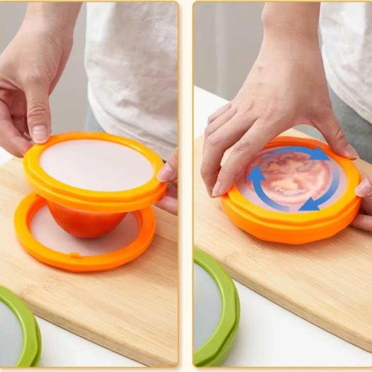 LsCook transparent food storage containers with orange lids, showing snap-on lid closure