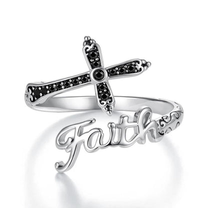 Cross adjustable ring in silver-tone with black stone accents and cursive Faith detail
