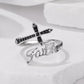 Adjustable cross ring with Faith script and black accents