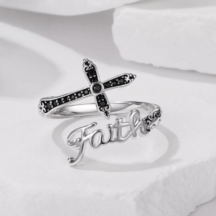 Adjustable cross ring with Faith script and black accents