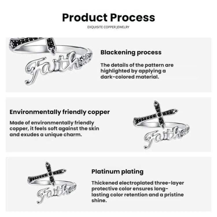 Cross ring product process infographic showing black stone details and plating notes