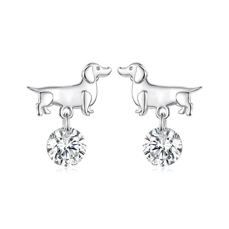 Silver-tone dachshund earrings with dangling round crystal drops