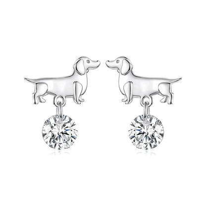 Silver-tone dachshund earrings with dangling round crystal drops