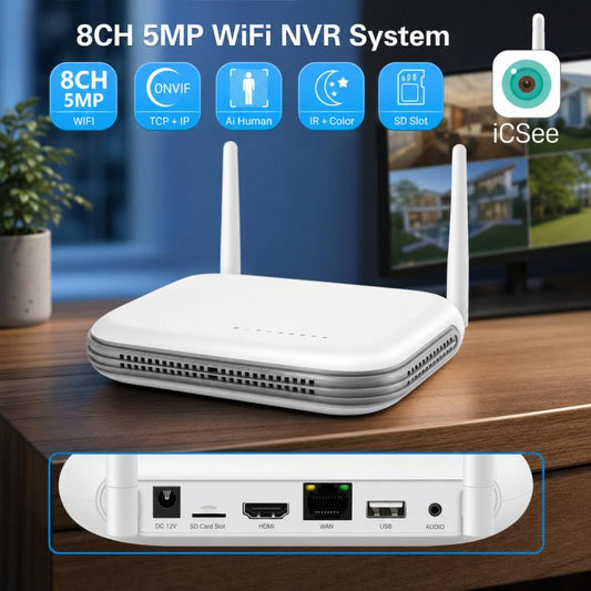 White mini WiFi NVR with two antennas and stacked vent slots