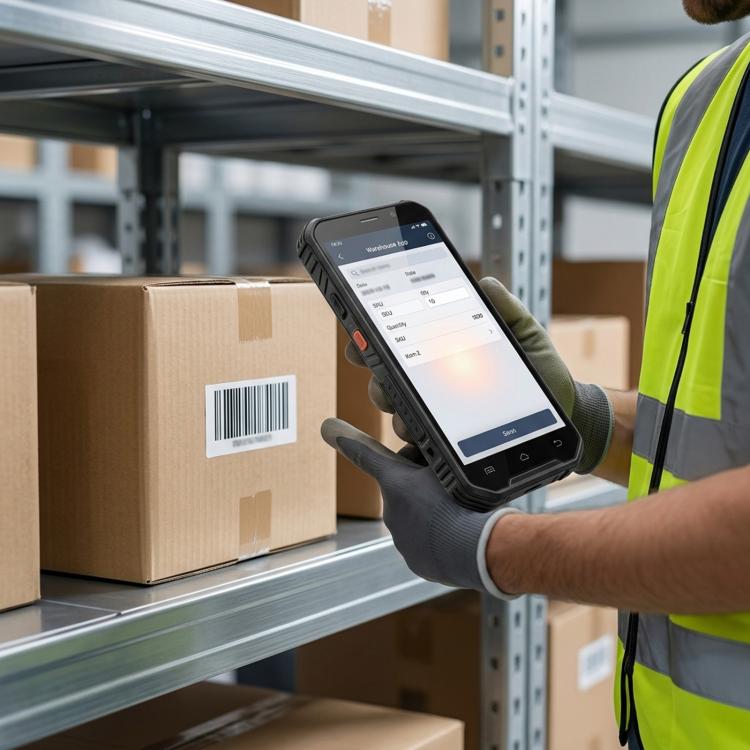 Handheld barcode scanning terminal PDA with touchscreen display, held in a glove