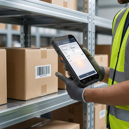 Handheld barcode scanning terminal PDA with touchscreen display, held in a glove