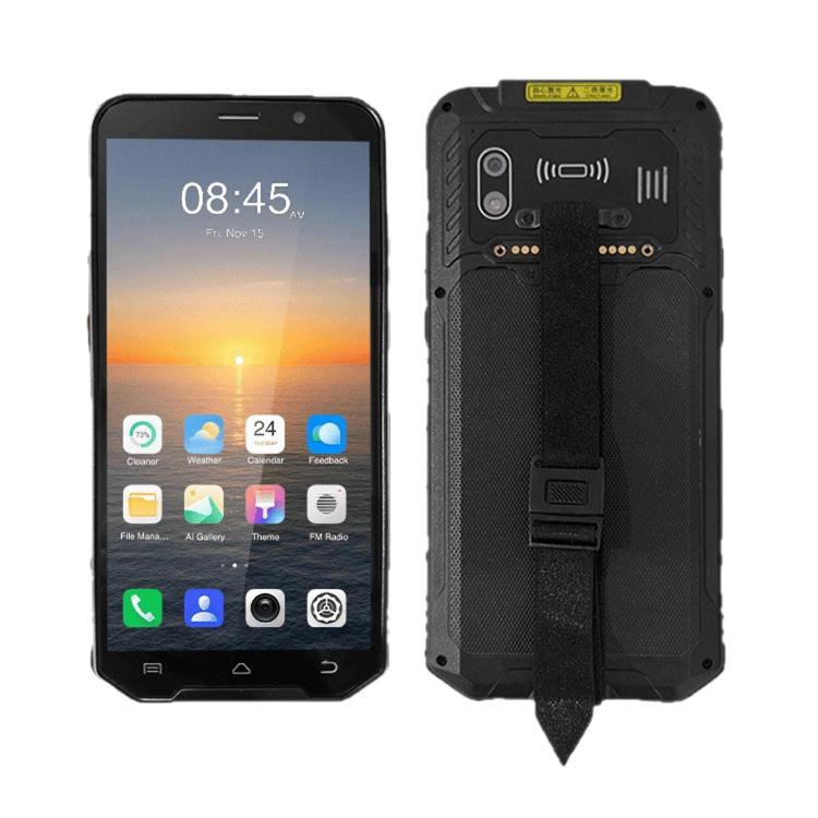 Handheld barcode scanning terminal PDA, front and back view, rugged black design