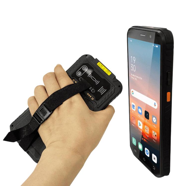 Handheld barcode scanner PDA in hand with rugged back module visible