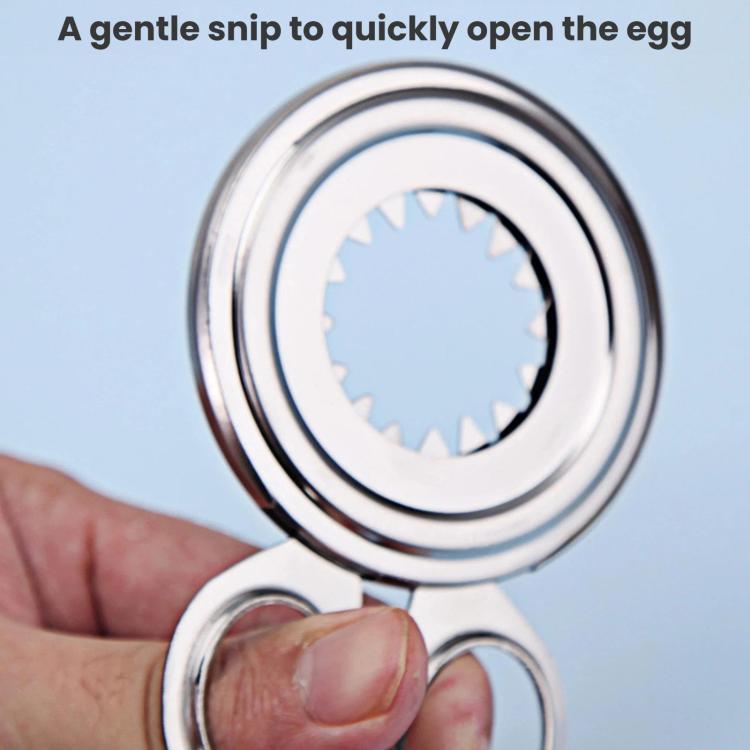 Stainless steel egg peeler with serrated circular blade opening, held over an egg