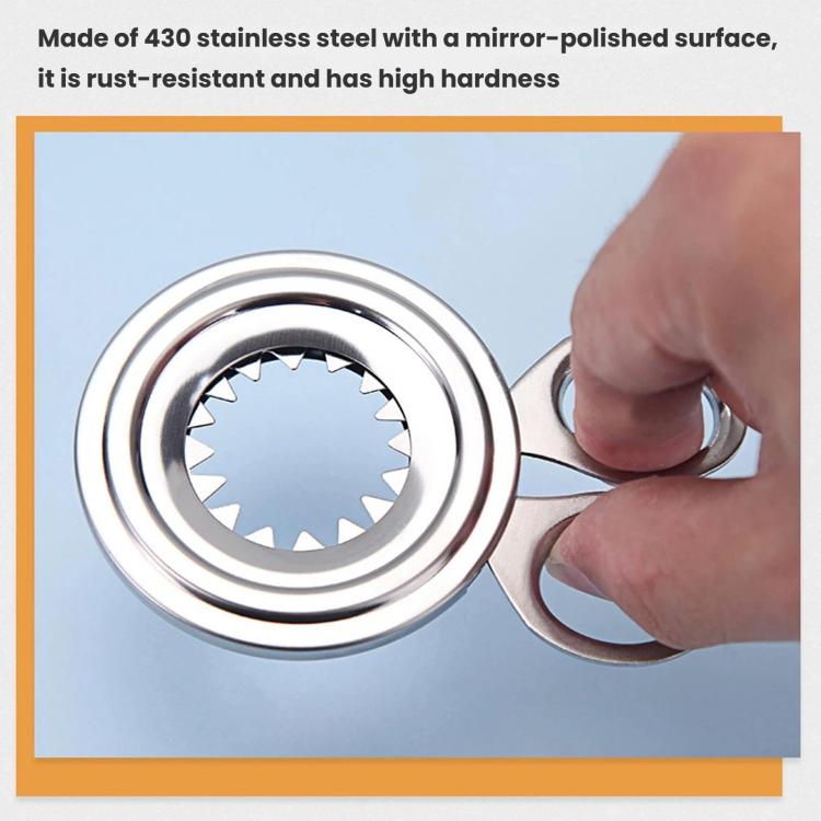 Mirror-finished stainless steel egg peeler with serrated cutting ring and loop handle