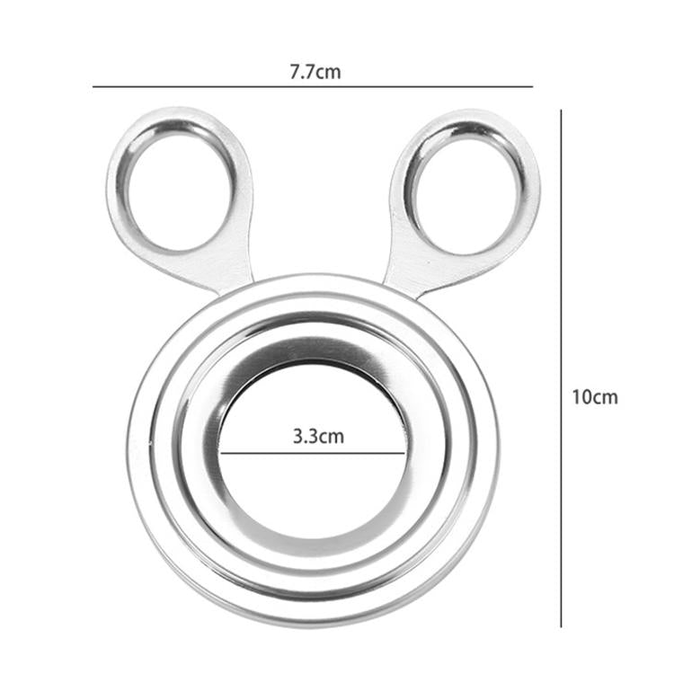 Stainless steel egg opener tool with ring opening and loop handles, size indicated