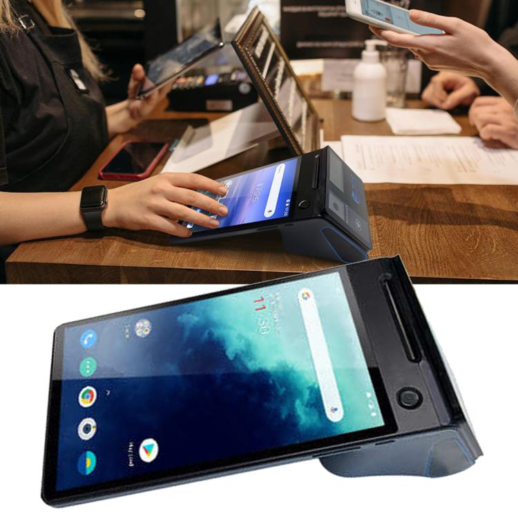 Android handheld POS cash register with dual touchscreen displays in dark gray