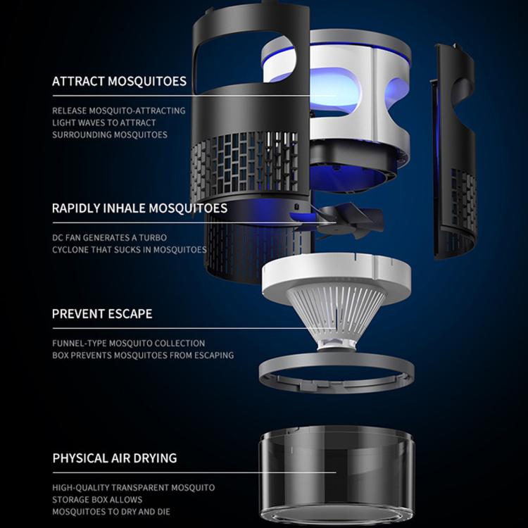 Indoor mosquito trap showing airflow fan, funnel sections, and detachable storage box