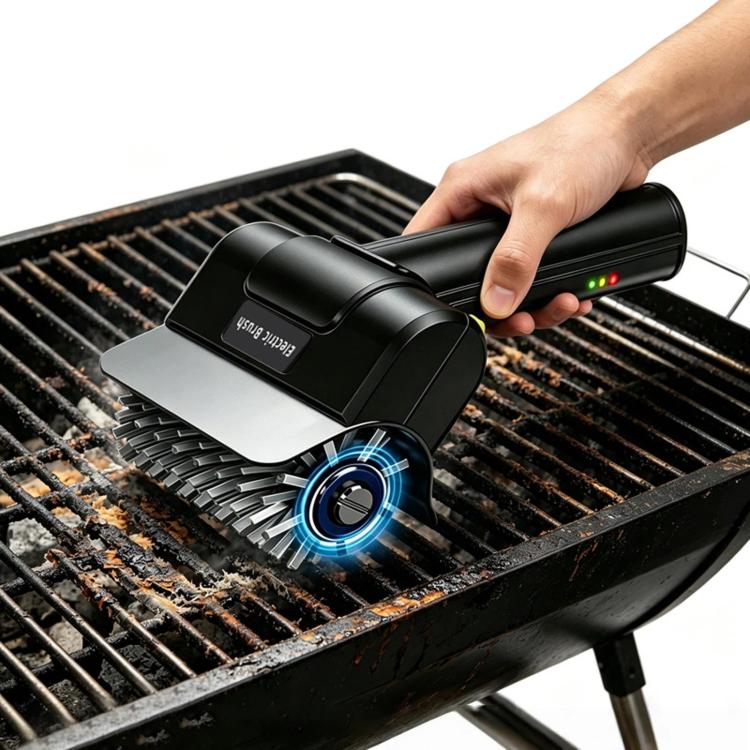 Electric grill cleaner brush head with rotating blue disc for cleaning grill grates