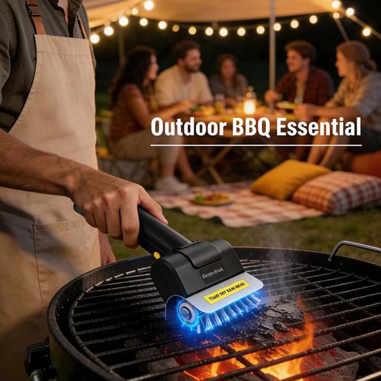 Electric grill cleaner brush being used on a barbecue grill grate with blue light