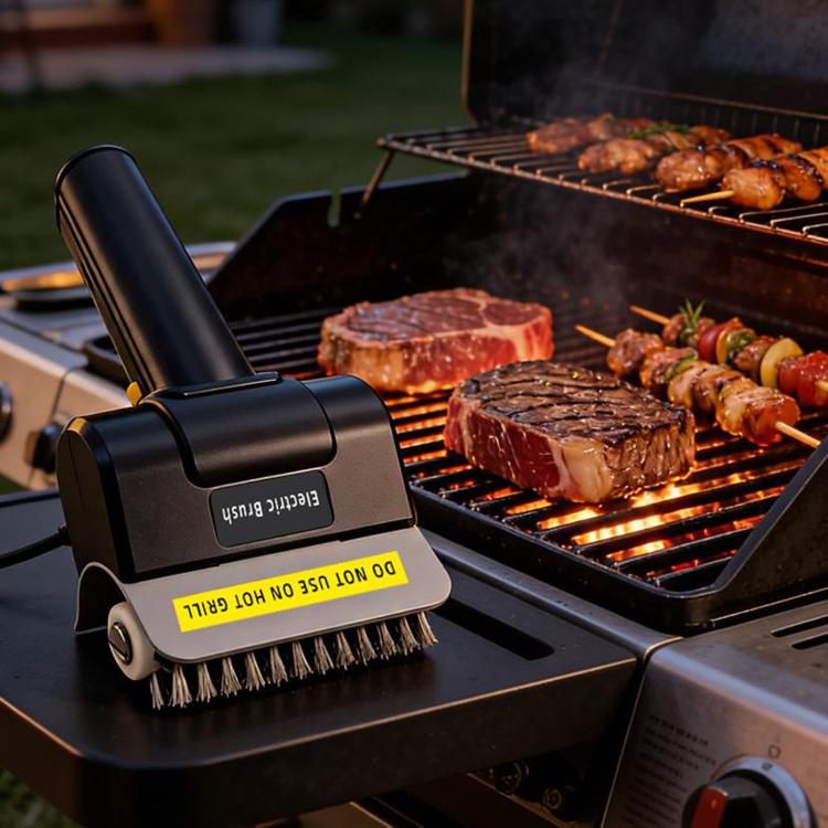 Electric grill cleaner brush with wire bristles on a grill grate for heavy cleaning