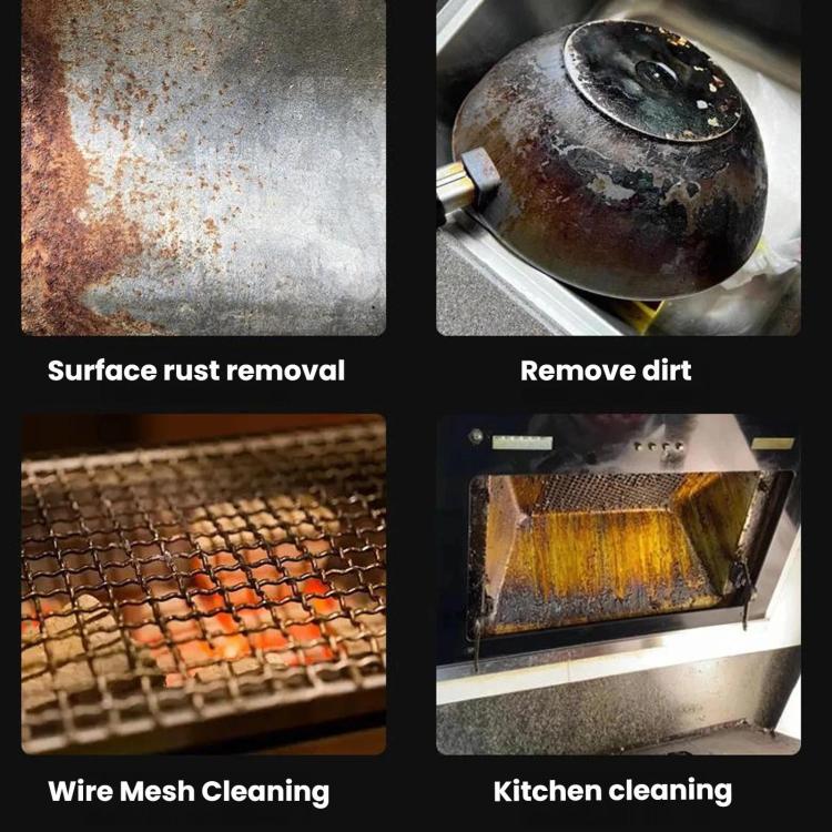 Electric grill cleaner showing rust removal and dirt cleaning on metal surfaces