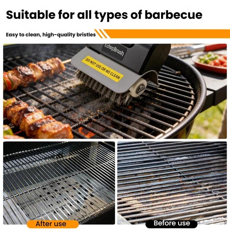 Electric grill cleaner brush with bristles on grill grate, before-and-after panels