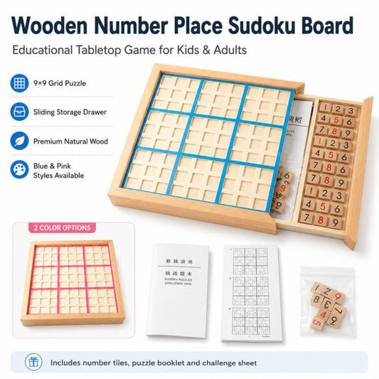 Wooden 9x9 number place sudoku board with blue compartments and sliding storage drawer