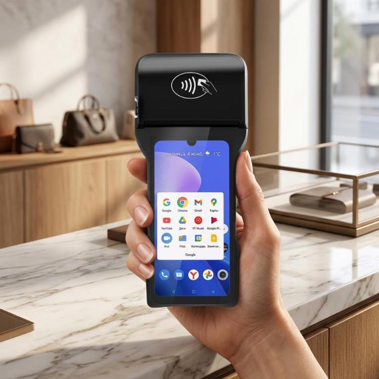 Black handheld POS terminal with NFC icon and 6.26in touch screen